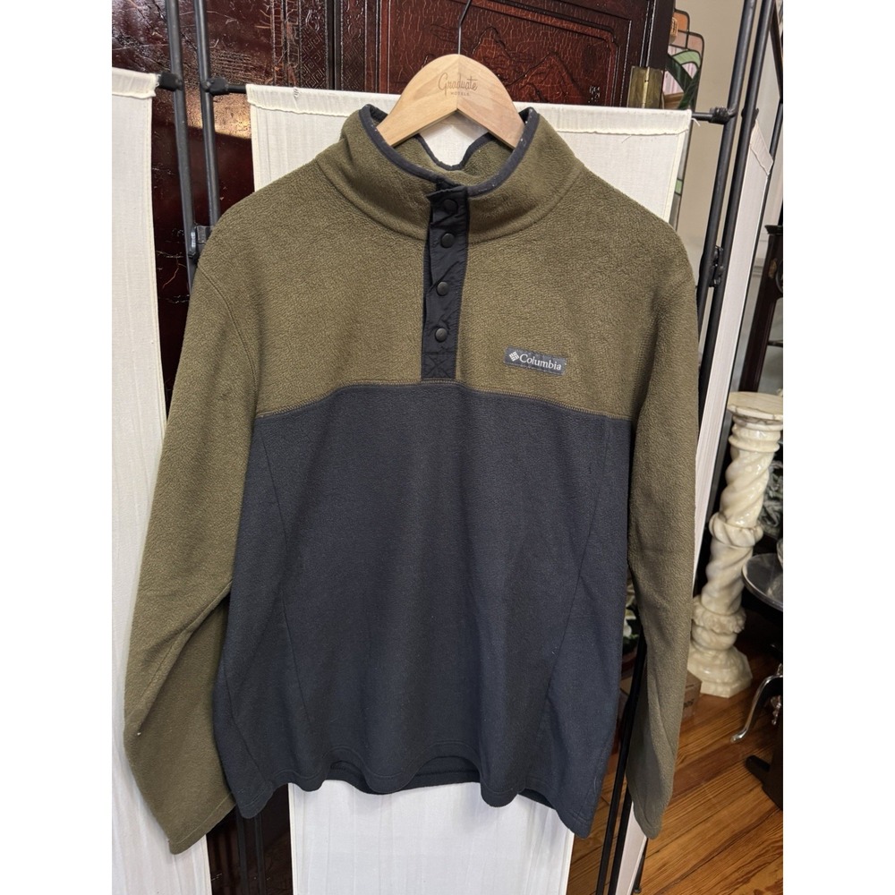 Columbia Sportswear Men's Large Fleece Snap Pullover Olive Green Black Outdoor